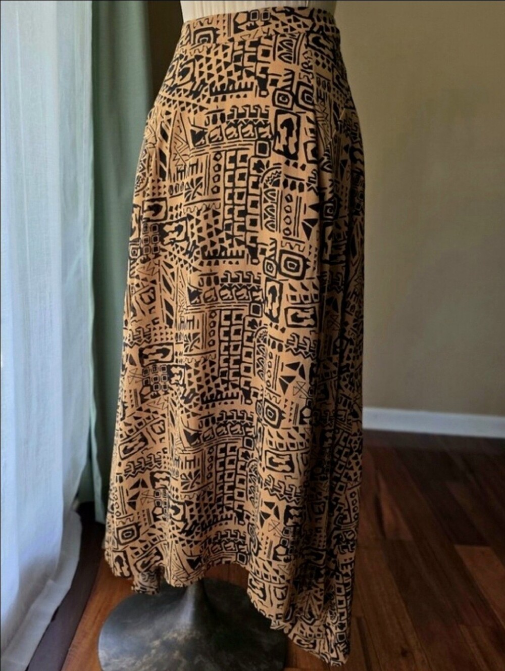 Maxi Skirt Geometric‎ Abstract XS Burnt Sienna Black Flowy Full Length Love 21